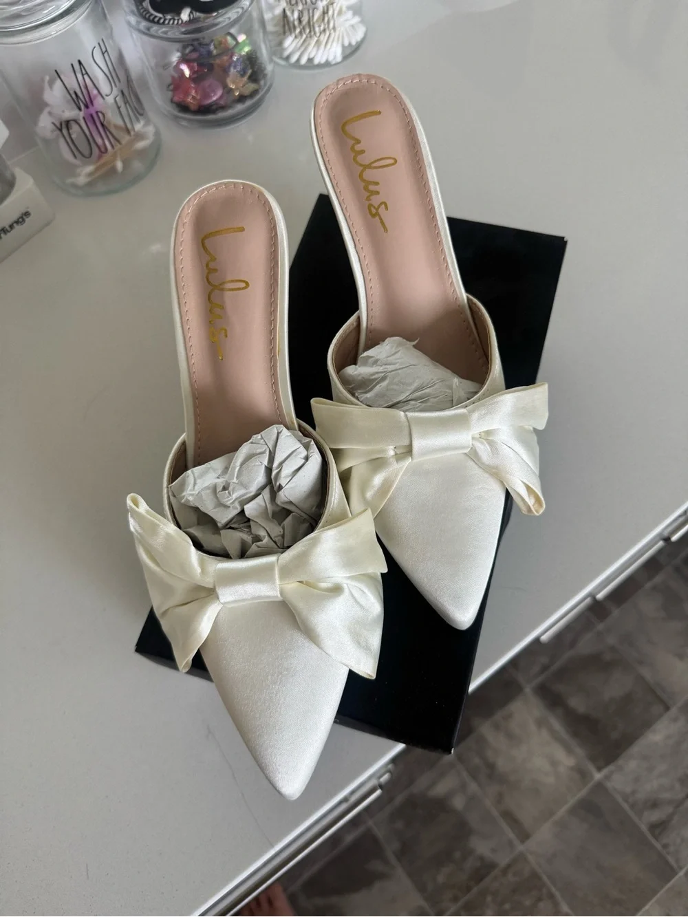 Lulu's Ivory Satin Bow Pointed Mules with Slip-On Back